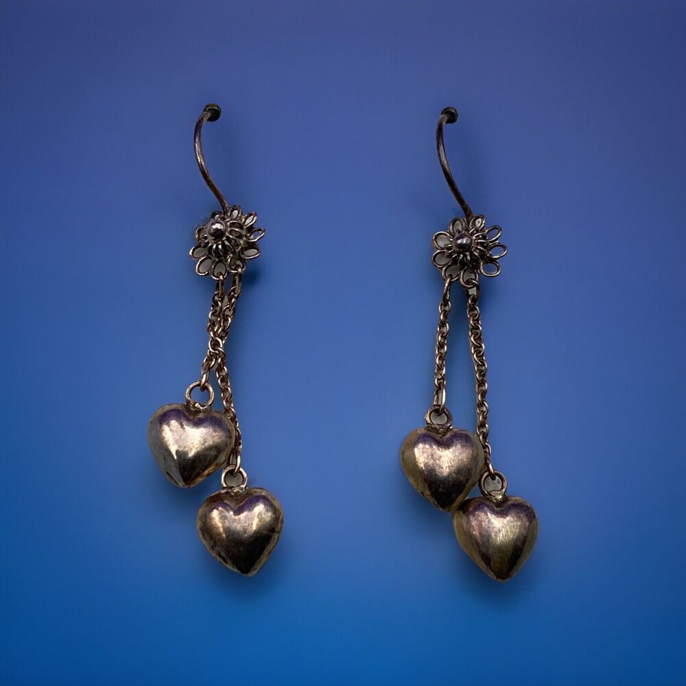 Vintage Sterling Silver Handcrafted Double Heart Drop Dangle Earrings